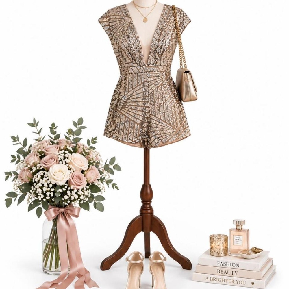 Karlie Silver Sequin Geometric Plunge Neck Romper Women's L